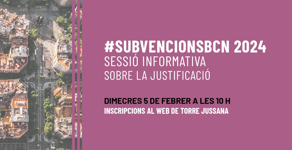 Entitats! Ja heu presentat la justificació de les #SubvencionsBCN 2024?
Apunteu-vos a la sessió informativa en línia per resoldre tots els vostres dubtes! ⬇️🧐

🔗 bit.ly/40yi9L0