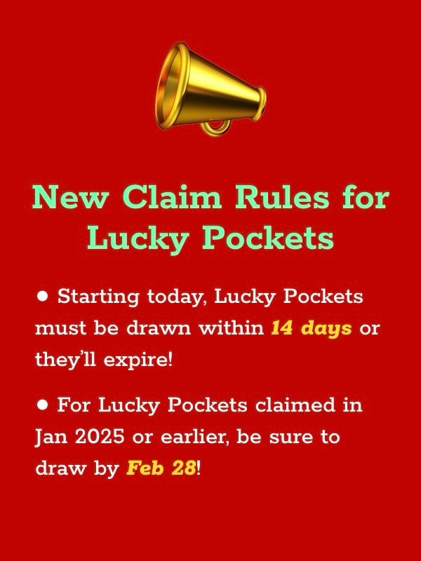 30sec_yet's tweet photo. New Version v4.16.0 Update
📣 New Claim Rules for LUCKY POCKET! 📣

Starting today, Lucky Pockets must be claimed within 14 days of the draw or they’ll expire! After 14 days, any unclaimed draws will expire.

For Lucky Pockets claimed in Jan 2025 or earlier, be sure to claim them within a month until Feb 28!

Don’t let your prize slip away!

#30sec #LuckyPocket #LuckyDraw #RandomDrop #airdrop