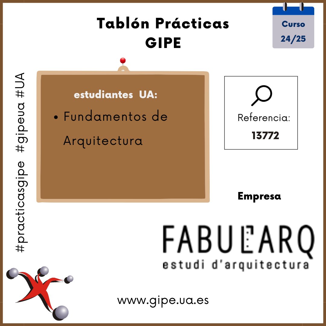 gipeua's tweet photo. Tablón de ofertas de Prácticas: 
Estudiante Grado Fundamentos de la Arquitectura (Castalla) 
https://t.co/NdVBcp6Zn0 
@EPSAlicante @DEEPSUA @uarqalicante @REuarq @UA_Universidad #practicasgipe #gipeua #UA https://t.co/ETnJVsiKKG