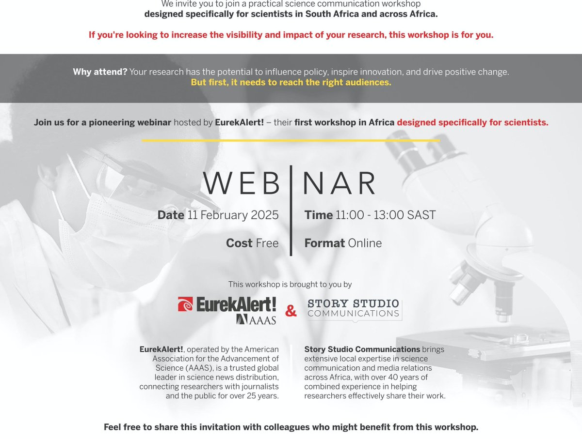 SAEON_GSN's tweet photo. We invite you to join a practical science communication workshop for African and South African scientists. If you're looking to increase the visibility and impact of your research, this free, online webinar is for you!
11 February 2025 from 11:00 - 13:00
https://t.co/AKRurdVcsL https://t.co/YbGmNUi0xD