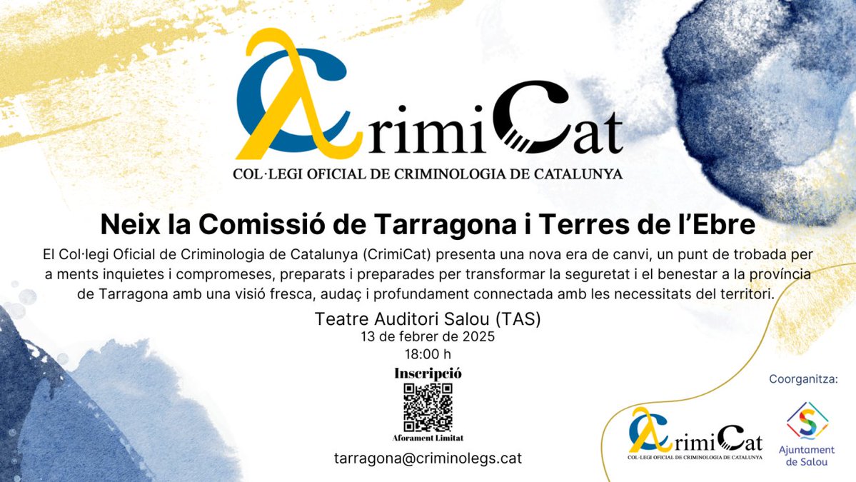 Col·legi Oficial de Criminologia de Catalunya (@colcrimicat) on Twitter photo Esdeveniment únic de la Comissió de Tarragona i Terres de l'Ebre! El 13/02/2025, 18:00h, al Teatre Auditori Salou (TAS), celebrem el naixement de la Comissió de Tarragona i Terres de l’Ebre del <a href="/ColCrimiCat/">Col·legi Oficial de Criminologia de Catalunya</a>
Aforament limitat! Reserva plaça: sites.google.com/view/crimitgn/…… Esdeveniment únic de la Comissió de Tarragona i Terres de l'Ebre! El 13/02/2025, 18:00h, al Teatre Auditori Salou (TAS), celebrem el naixement de la Comissió de Tarragona i Terres de l’Ebre del <a href="/ColCrimiCat/">Col·legi Oficial de Criminologia de Catalunya</a>
Aforament limitat! Reserva plaça: sites.google.com/view/crimitgn/……