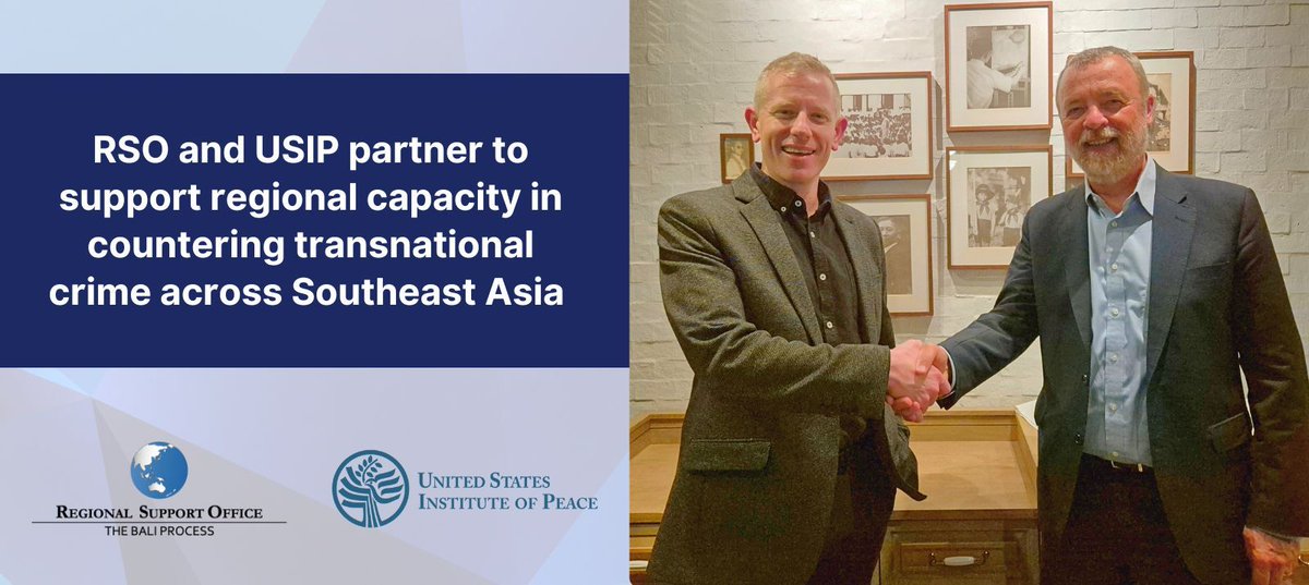 baliprocessrso's tweet photo. As the growth of cyber-scam centres has added complexity to transnational crime across the Asia-Pacific, providing accessible capacity building opportunities to support evidence-based decision-making is more important than ever.
 
To support policymakers and law enforcement in countering transnational crime, the RSO & @USIP have signed a new MOU to jointly develop an online course and learning materials that will:
 
💭Examine the growth and resilience of transnational crime in Southeast Asia
📲 Explore the growth of cyber-enabled crimes, with a focus on trafficking in persons and trafficking for forced criminality
🛠️ Provide practitioners with tools and applied strategies to address transnational crime, trafficking in persons and people smuggling.
 
Dr. Andrew Wilder, Vice President @USIP’s Asia Center and David Scott, RSO Co-Manager (Australia) marked the MOU’s signing in Bangkok this week, reviewing next steps for the project and discussing deepening the RSO-USIP partnership 🤝
 
Course materials will be available in Chinese, Vietnamese, Burmese and English, and will launch in early spring 2025. Stay tuned for more details 🔔