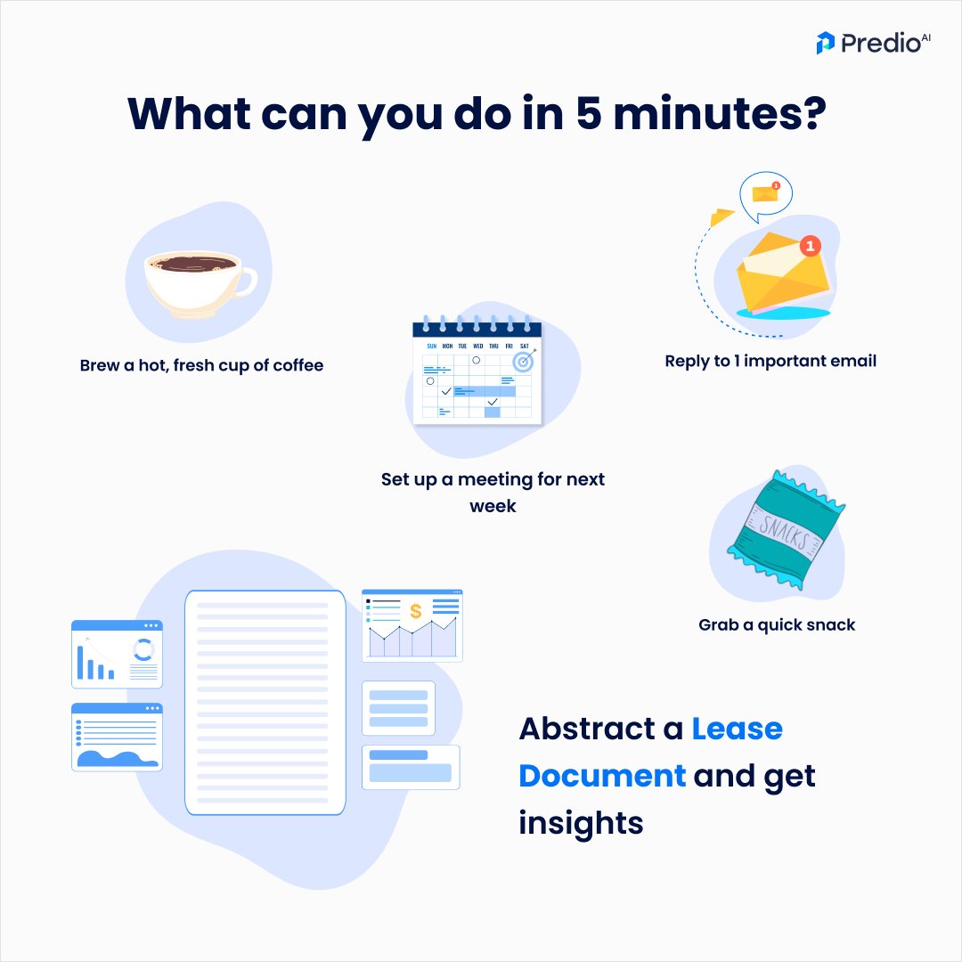 PredioAI's tweet image. In just 5 minutes, PredioAI can abstract a lease document and provide valuable insights—while you grab your coffee. Maximize productivity with AI-powered lease management. #PredioAI #LeaseAbstraction #AI #RealEstateTech #CommercialRealEstate #Proptech