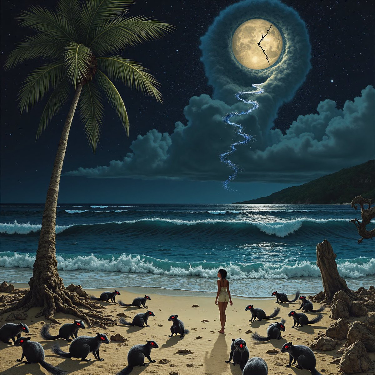 PromptSin's tweet photo. Lost in a midnight dream with moonlit waves and curious creatures. 🌊🌙 #Surrealism #Art #Dreamscape #Ibeu https://t.co/BTlMVSzZQI