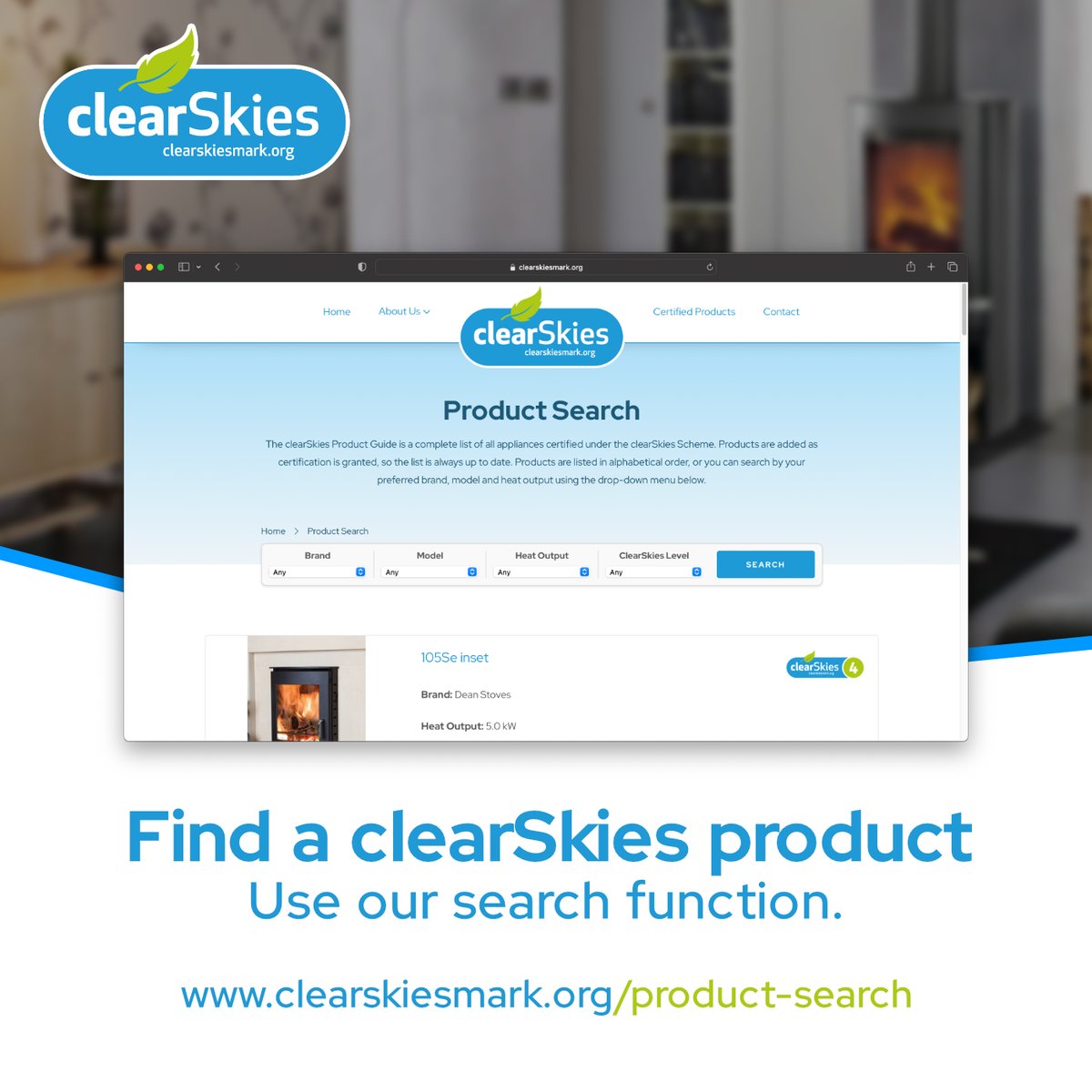 By using the simple search tool on our website you will be able to easily check whether your selected appliance is clearSkies certified.⁣
⁣
Alternatively, identify all the clearSkies certified products that meet your criteria.⁣
⁣
Visit our website 🔗: clearskiesmark.org/product-search/