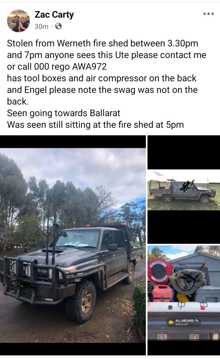 <a href="/cartys_ag/">Zac Carty</a>'s Ute has been stolen 
Keep an eye out for it