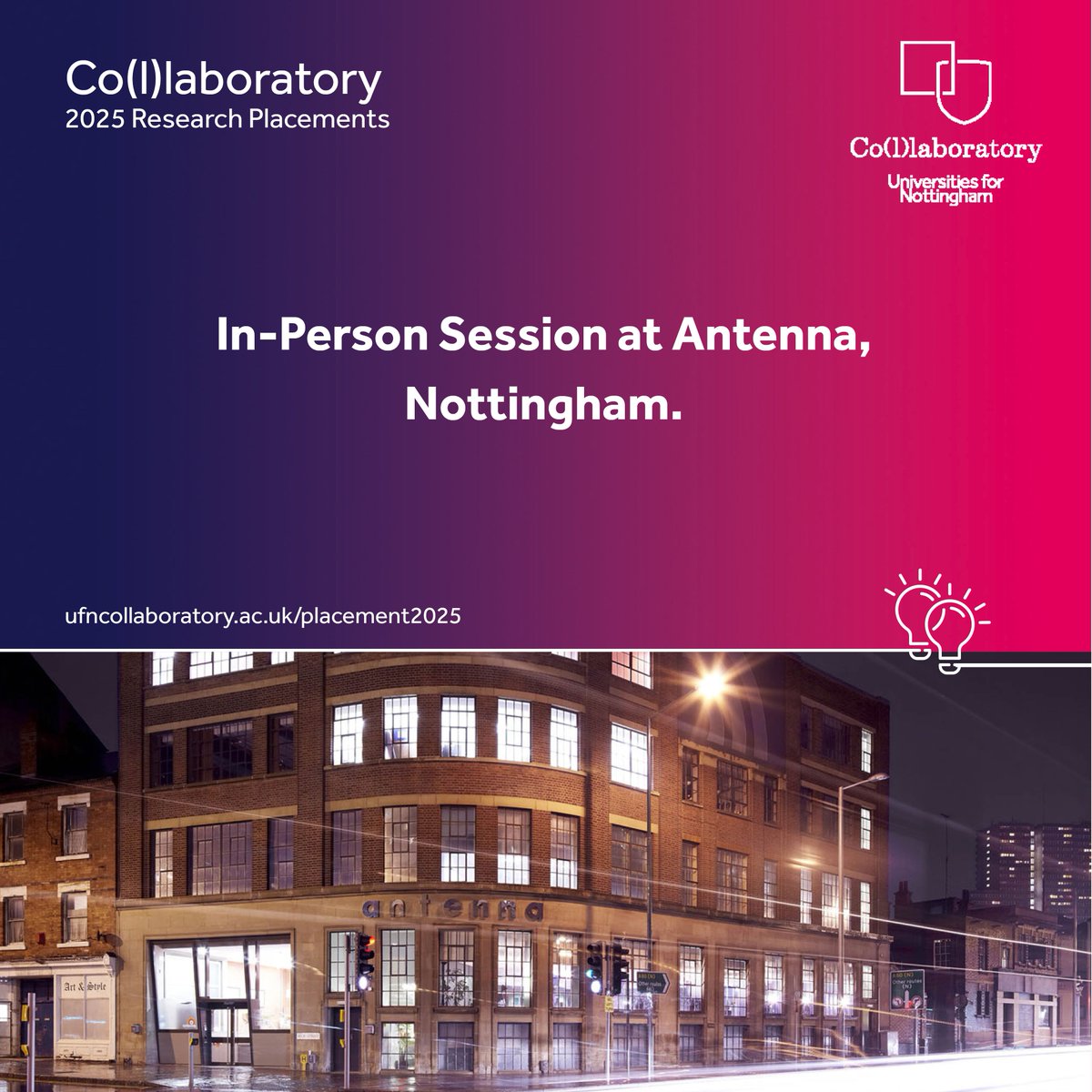 Want to learn more about our 2025 Research Placement opportunity? Join us on our drop-in day to speak with a Co(l)lab team member.

📅 Date: 4 February 2025 
🏠 Venue: Antenna, Nottingham, 9A Beck Street, Nottingham NG1 1EQ
⏲️ Time: 10 am-6 pm

#ResearchOpportunity #Nottingham