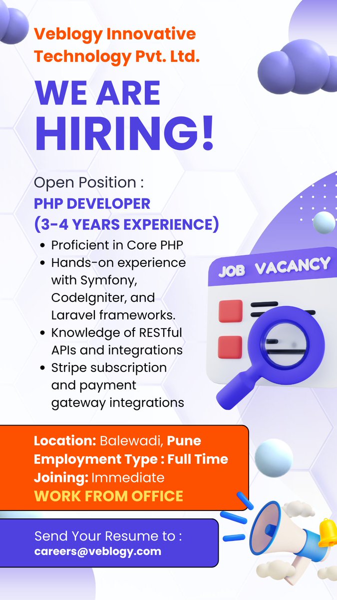 vebRohan's tweet photo. #punehiring #vacancies #developers 
Job Vacancy: PHP Developer (3-4 Years Experience) Experience: 3-4 Years Location: Pune, India Employment Type: Full-time Salary: As per market standards and company policies Joining: Immediate Submit your resume to careers@veblogy.com. https://t.co/VPYjIyhKzv