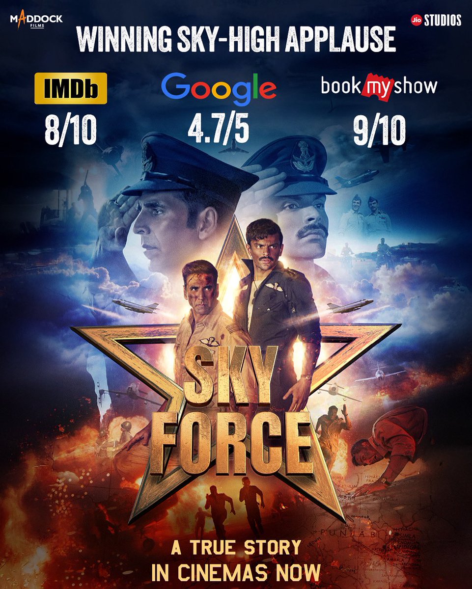 The untold true story of extraordinary bravery now wears its stars of glory, all thanks to your love and support. 🫶 ✨

Book your tickets now. 

🔗- linktr.ee/SkyForce_ 

#SkyForce in cinemas near you.

<a href="/akshaykumar/">Akshay Kumar</a> #VeerPahariya <a href="/SaraAliKhan/">Sara Ali Khan</a> <a href="/NimratOfficial/">Nimrat Kaur</a> #SharadKelkar