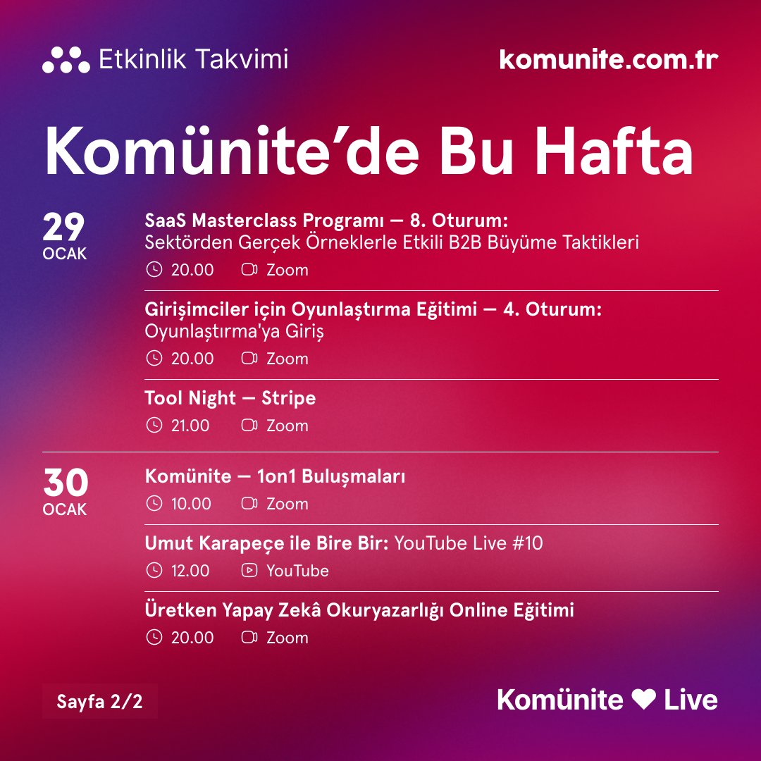 Komünite’de bu hafta eğitim ve öğrenimle dolu bir program bizleri bekliyor!

• SaaS Masterclass’ın 7. oturumunda Şahin Seçil (<a href="/Sahin_Secil/">Şahin Seçil 🎙</a>), daha akıllı pazarlama kararları almak için verilerden nasıl faydalanabileceğimizi anlatacak. 8. oturumda ise Emre Elbeyoğlu (<a href="/elbeyoglu/">Emre Elbeyoglu</a>),