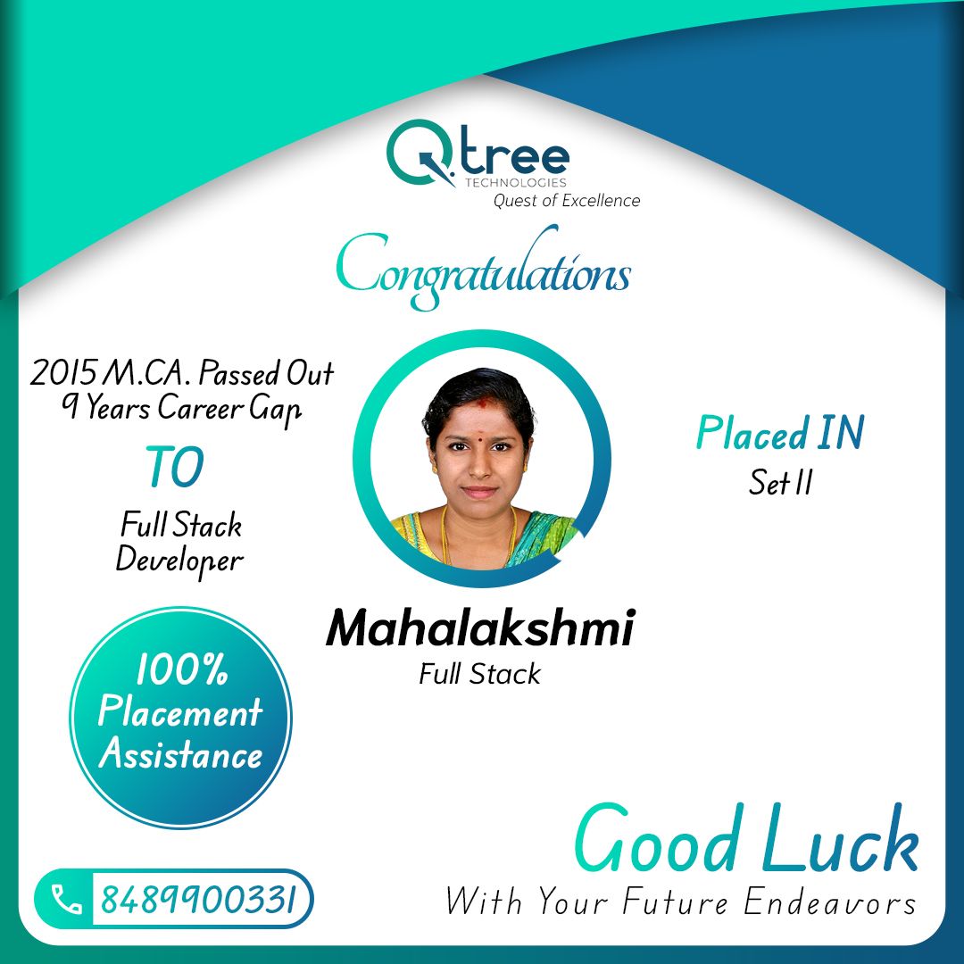 Qtreetech's tweet image. Congratulations!! Mahalakshmi getting placed at Set 11

Good luck with the new beginning. 💯

We Offer 100% Job Assurance Courses (Any Degree / Diploma Candidates / Year GAP / Non-IT. Any Passed Outs). Kindly Contact us at +91 8489900331
#Fullstack #Offerletter #qtreetechnologies