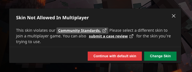 SkyblockFinance's tweet photo. @Microsoft @Mojang care to explain why you’re seemingly censoring Technoblade skins? I use a standard Technoblade skin since over a year and I just got this message upon logging in: https://t.co/bpLAmotDTz