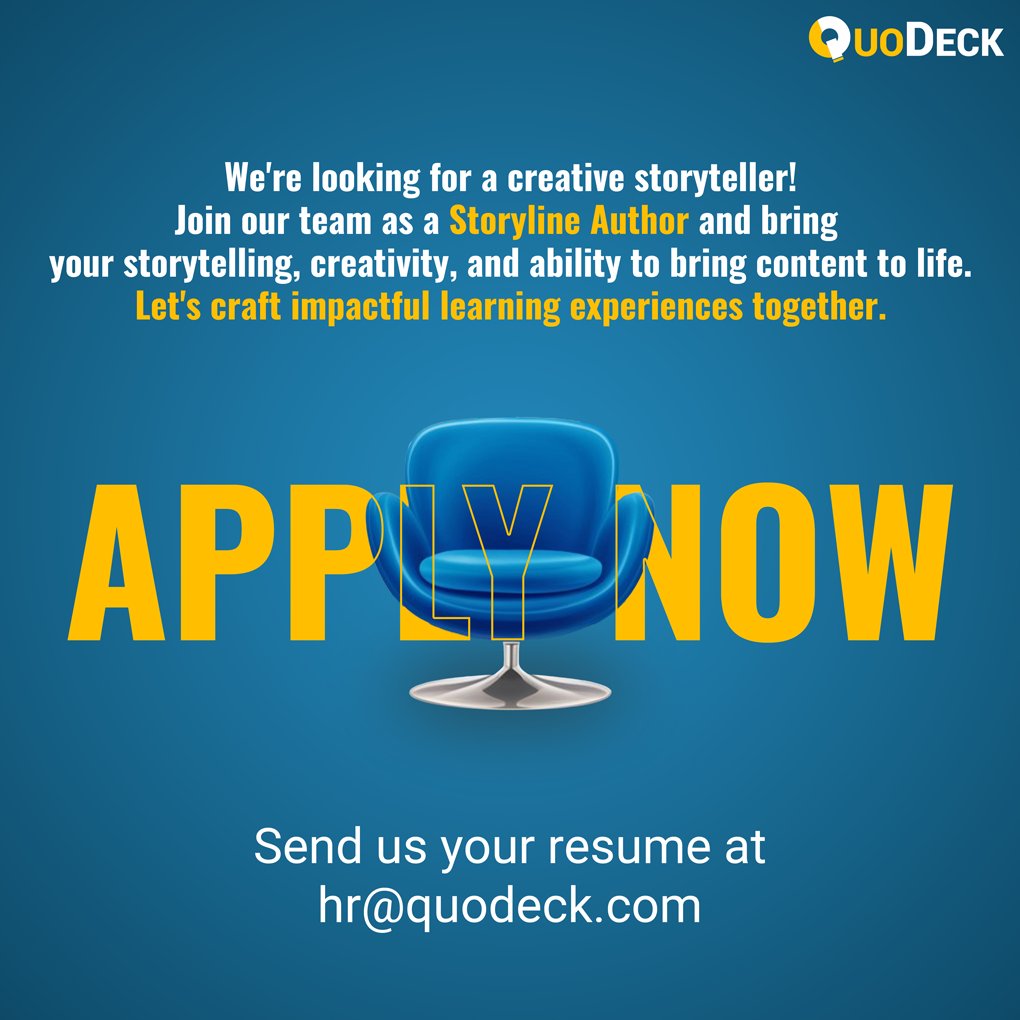 QuoDeck (@quodeck) on Twitter photo Are you a creative storyteller?
We’re hiring a Storyline Author to design engaging content that inspires learners. Bring your talent and imagination to our team!
📩 Apply now - hr@quodeck.com
#Hiring #StorylineAuthor #NowHiring #storyteller, #authorlife #JoinOurTeam #QuoDeck Are you a creative storyteller?
We’re hiring a Storyline Author to design engaging content that inspires learners. Bring your talent and imagination to our team!
📩 Apply now - hr@quodeck.com
#Hiring #StorylineAuthor #NowHiring #storyteller, #authorlife #JoinOurTeam #QuoDeck