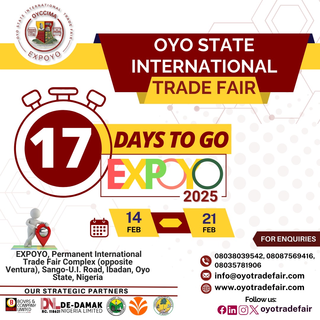 oyotradefair's tweet photo. 17 days to the Oyo State International Trade Fair (EXPOYO2025)

Discover the amazing brands showcasing at the fair.
From tech to lifestyle, we’ve got it all.

Register today to showcase your brand!

#expoyo2025 #oyotradefair

https://t.co/iJedNa5gZ0 https://t.co/eGMhaSluY1