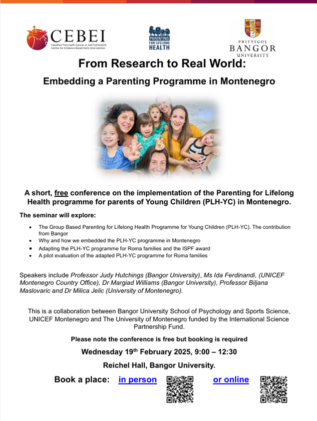 cebei_bangor's tweet image. A short, free conference on the implementation of the Parenting for Lifelong Health programme for parents of Young Children (PLH-YC) in Montenegro.
@prifysgolbangor
@PsychBangor
@ParentingLH
@UNICEFmne