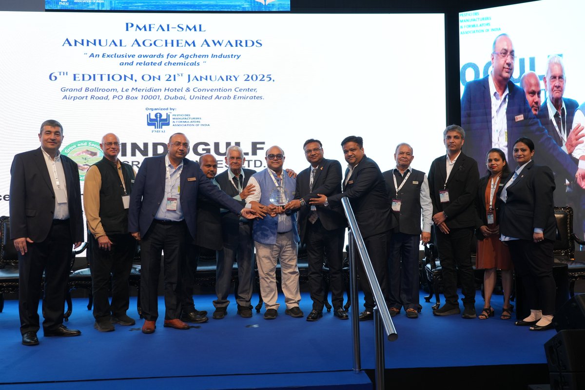 IndogulfCrops's tweet photo. We are delighted to share, Indogulf Cropsciences Ltd. has been honored with the prestigious "Successful Company of the Era" award at the PMFAI-SML Annual Agchem Awards 2025, held at Le Meridien, Dubai, on January 21, 2025. 
#indogulfcropsciences #indogulf #pmfai #award https://t.co/7cLUCdCb60