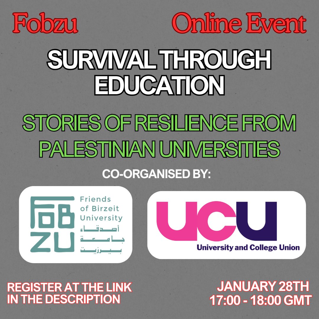 Tomorrow, from 5pm-6pm GMT, <a href="/fobzu/">Fobzu</a> will host an event about higher education in Palestine, Survival through Education: Stories of Resilience from Palestinian Universities. Co-organised with <a href="/ucu/">UCU</a>.

To register please visit: eventbrite.co.uk/e/stories-of-r…

#solidarity #palestine
