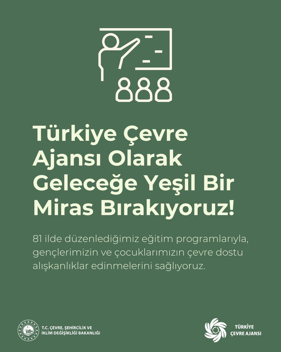 🌍 Geleceğe Yeşil Bir Miras Bırakıyoruz! 

🌱🎒 Gençlerimiz ve çocuklarımız, çevre bilincini erken yaşta kazandıklarında, çok daha temiz bir dünyayı hep beraber oluşturabiliriz.

Türkiye Çevre Ajansı olarak, 81 ilde düzenlediğimiz çevre farkındalığı eğitim programlarıyla, onların