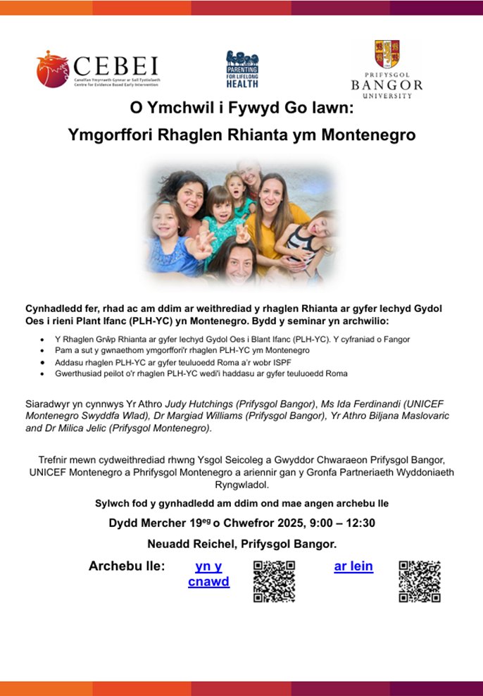 cebei_bangor's tweet image. Cynhadledd fer, rhad ac am ddim ar weithrediad y rhaglen Rhianta ar gyfer Iechyd Gydol Oes i rieni Plant Ifanc (PLH-YC) yn Montenegro.
@prifysgolbangor
@PsychBangor
@ParentingLH
@UNICEFmne