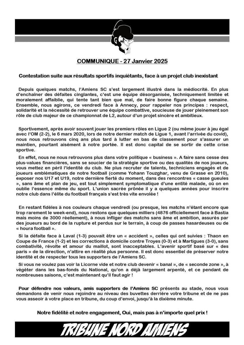 Supporters amiénois, vous avez un message de la tribune Nord 👇🏻

Il est demandé de ne pas s'asseoir en tribune avant la 10eme min en signe de contestation "face à un projet club inexistant". 

Suivons cette action ! ✊🏻