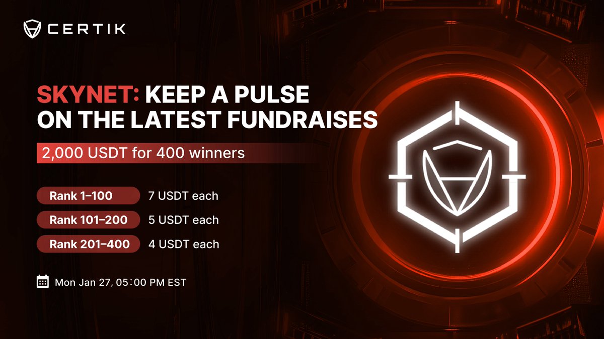 Keep a pulse on the latest fundraises in our latest Skynet Arena!💓 Win  your share of 2,000 USDT, with prizes for 400 winners: 🏅 Rank 1–100: 7  USDT each 🥈 Rank 101–200: