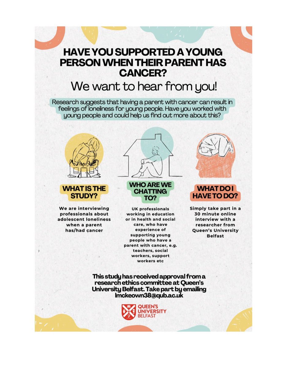 So far, I have really enjoyed speaking to six professionals who work with young people when their parent has cancer including therapists and support workers. We would love to speak to 4-6 more professionals so please share with someone or repost! 🎓