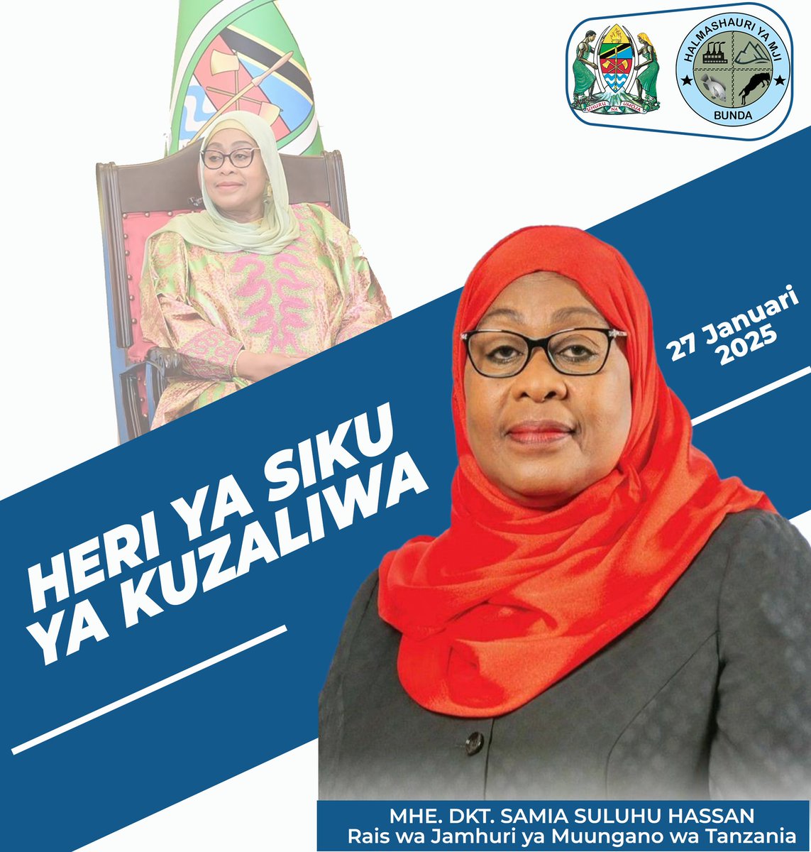 bunda_town's tweet photo. Uongozi na Watumishi wa Halmashauri ya Mji wa Bunda wanakutakia Heri ya Kumbukumbu ya Siku ya kuzaliwa Mhe. Dkt. Samia Suluhu Hassan, Rais wa Jamhuri ya Muungano wa Tanzania. https://t.co/eBTOzIH68I