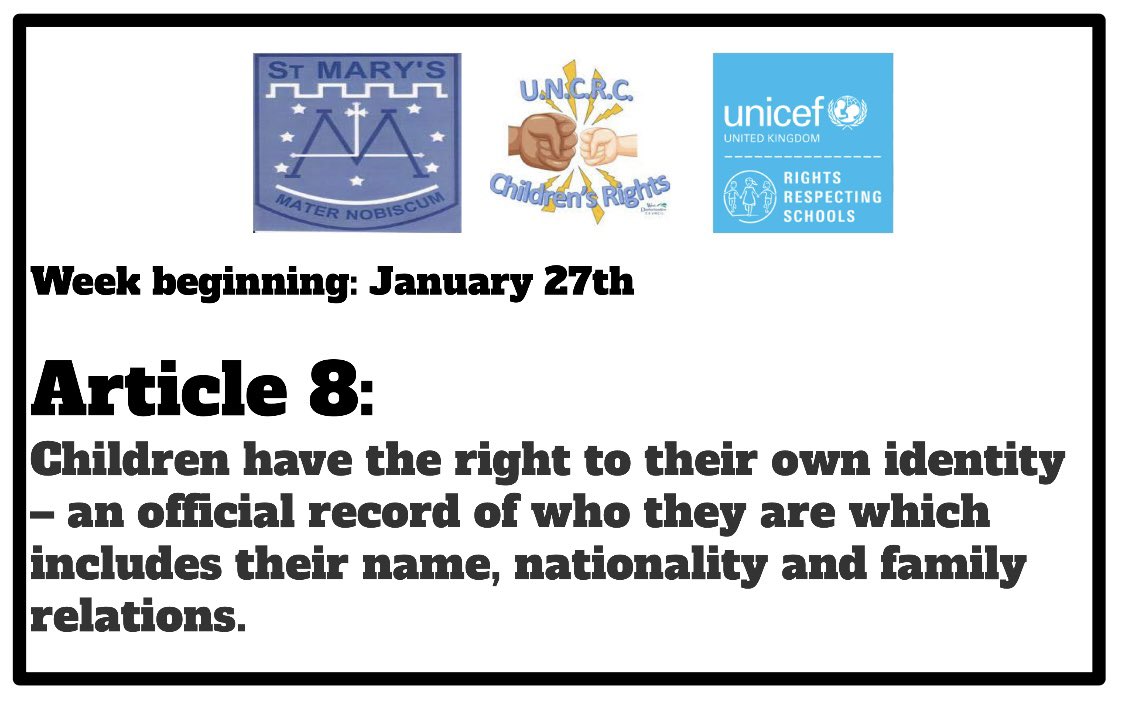 StMarysPS_ELCC's tweet photo. This week we are celebrating article 8 of the CRC- a child’s right to their own identity. We all have the right to our own name and to be called by that name. @UNCRC_WDC #rightsofachild https://t.co/Rxb1tFCMT0
