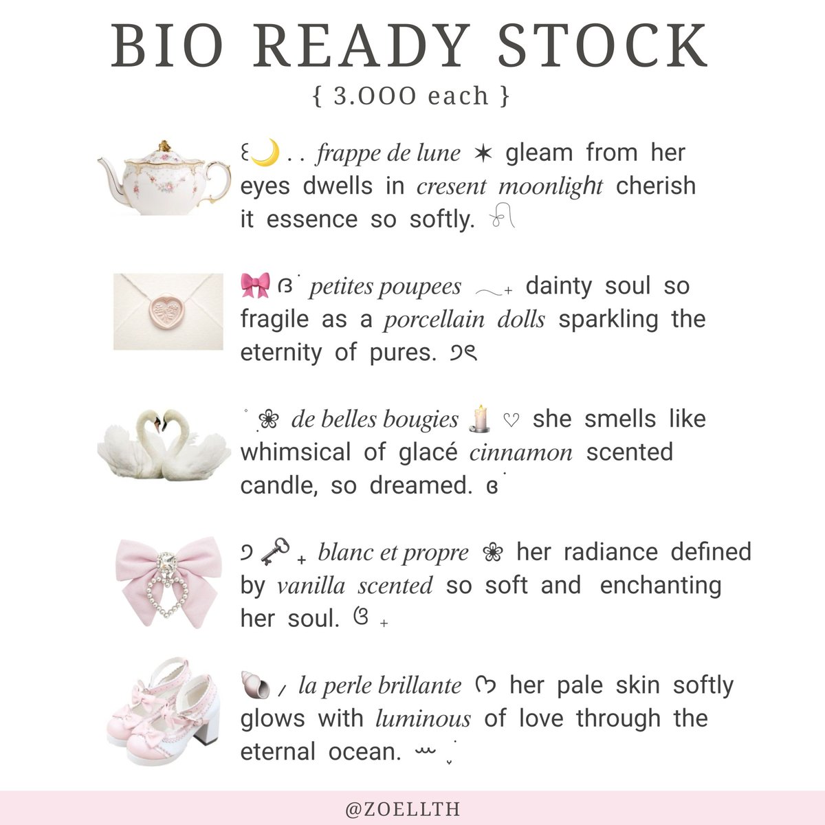 ZOELLTH's tweet photo. a retweet would be cherished! ♡____<

hello peeps . . . zozo bawa wording bio coquette theme ready stock dengan harga 3k each payment avail qris, bisa dm aku sekarang jugaa! go grab yours 🪷🍀⭐️___ ^

[ #zonauang ] https://t.co/Vlkt0Y0mEf