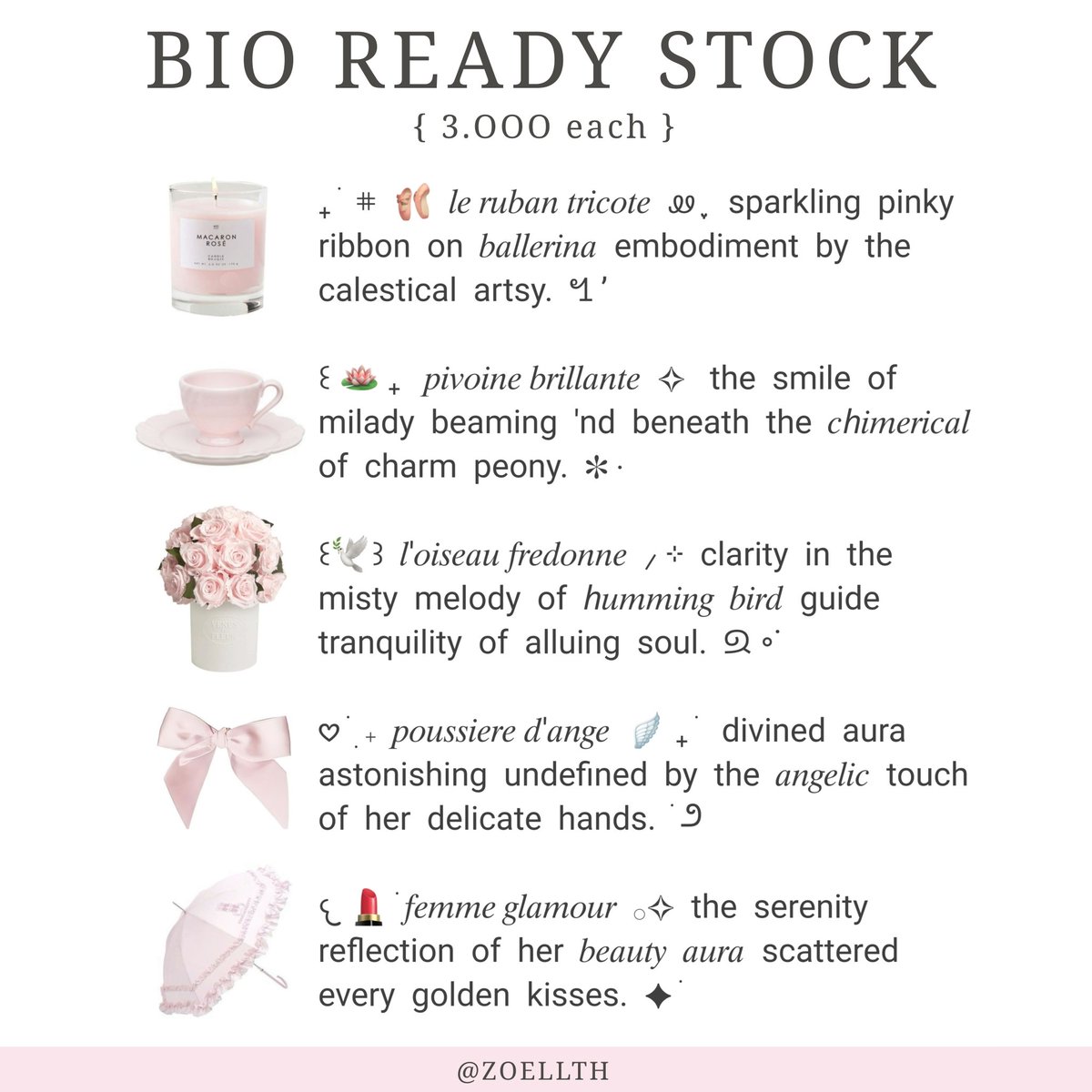 ZOELLTH's tweet photo. a retweet would be cherished! ♡____<

hello peeps . . . zozo bawa wording bio coquette theme ready stock dengan harga 3k each payment avail qris, bisa dm aku sekarang jugaa! go grab yours 🪷🍀⭐️___ ^

[ #zonauang ] https://t.co/Vlkt0Y0mEf