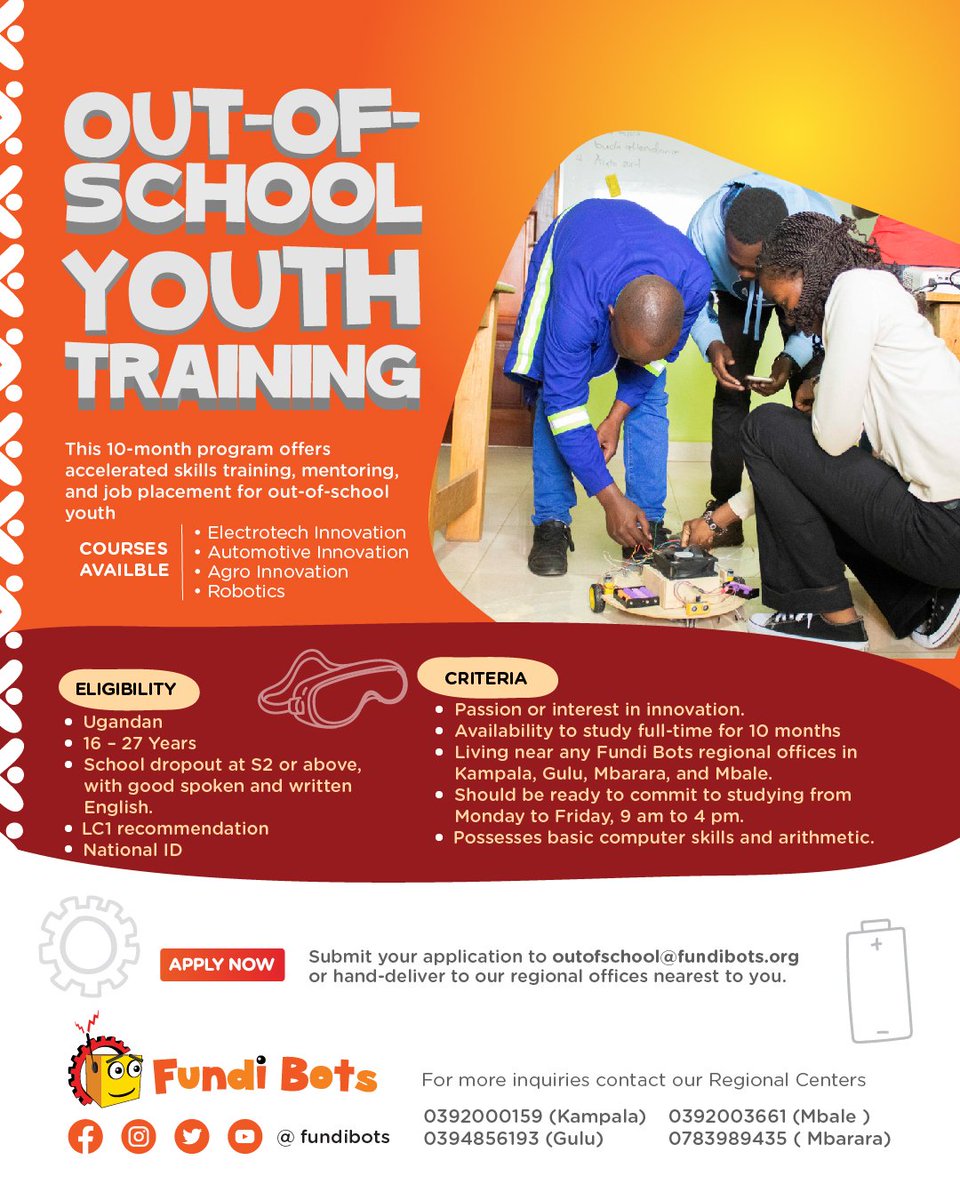FundiBots's tweet photo. 📣 CALL FOR APPLICATIONS: Out-Of-School Youth Training Program!
📚 Join our 10-month program for accelerated skills training, mentoring, and job placement in:
1. Electrotech Innovation
2. Automotive Innovation
3. Agro Innovation
4. Robotics
#ImportantThread https://t.co/KxPhTbJWyf