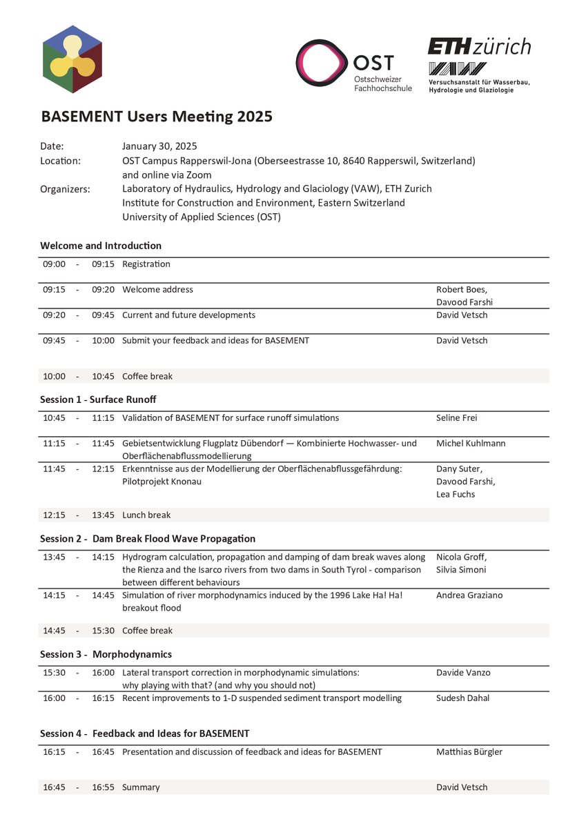 It’s time for #BASEMENT! Join us for the 10th annual #UserMeeting on Jan 30, 2025, at #OST in #Rapperswil🇨🇭or online. Get on board for engaging talks &amp; discussions, especially on #SurfaceRunoff, #DamBreaks, and #morphodynamics. Registration &amp; more details:
basement.ethz.ch/news-and-event…