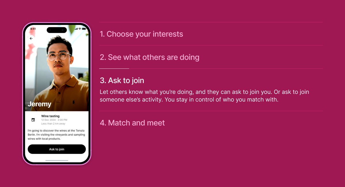 getvivie's tweet photo. π― Wondering how it works? Choose activities you love, find people who share your interests, and plan actual adventures together. From morning runs to art galleries - make your first meetup count! π«
#VivieApp #ActiveDating #RealConnections #DateDifferently #JoinTheWaitlist https://t.co/K4JS8awwl6