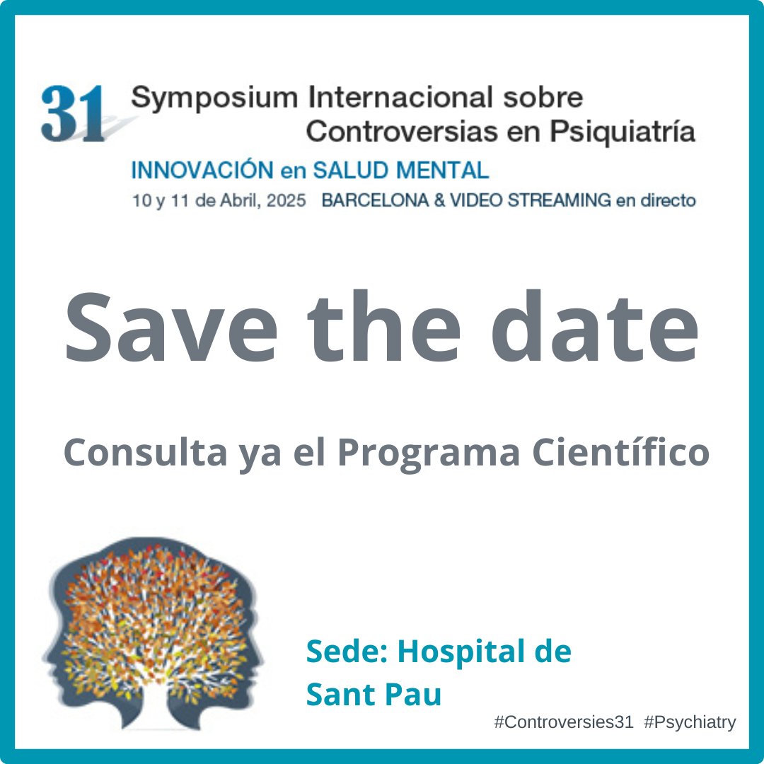 📅 10 y 11 de abril de 2025, el 31 Simposio Internacional sobre Controversias en Psiquiatría <a href="/PsychBarcelona/">Symposium Controversies in Psychiatry Barcelona</a>  explorará el lema: “Innovación en salud mental”.

🔬 Debates, avances y retos clave.
📍 Info 👉 controversiasbarcelona.org
🔖 #controversies31