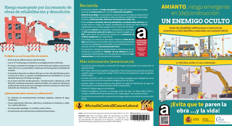 ⚠️El #amianto continúa siendo un desafío en salud laboral

💡En este documento recordamos la importancia de abordar el riesgo de exposición al amianto en la construcción

¡Descárgalo! 👉run.gob.es/pdj4e7e4
#ActuaYaContraElCancerLaboral #INSST