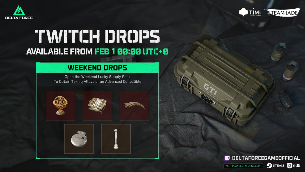 DeltaForce_Game's tweet photo. 🎉 Celebrate the Spring Festival with Weekend Twitch Drops! 🎉

Get into the festivities with our Weekend Lucky Supply Pack! Will you score an advanced collectible? Or Tekniq Alloys?  You'll have the chance to earn one of the rewards below. 👇

Don't miss out—the Twitch Drops start Feb 1 (00:00 UTC+0) 

#DeltaForce #DeltaForceGame #DeltaForcePC