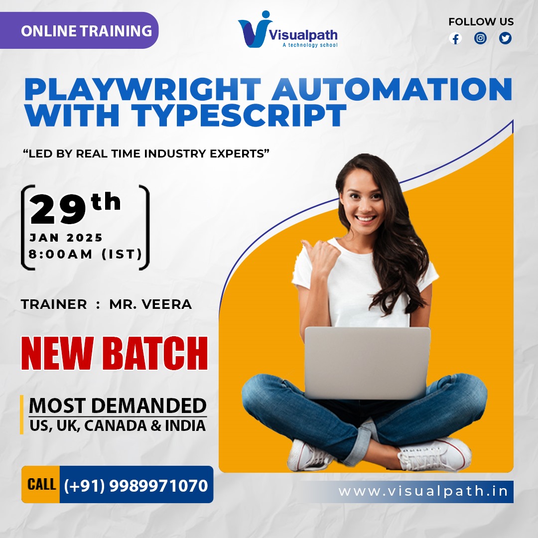 VisualpathPro's tweet image. Attend Online #NewBatch On #Playwright_Automation_with_Typescript by Mr. Veera.
Batch on: 29th January 2025 @ 8:00 AM IST.
Call us: +91 9989971070
WhatsApp: bit.ly/47eayBz
Visit: visualpath.in/online-playwri…
#PlaywrightAutomation #TypeScriptTraining #AutomationTesting