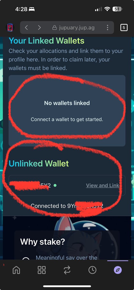 saankara's tweet photo. @JupiterExchange @Jupuary_help I am unable to claim my allocation.  Jupuary site has my wallet listed in the Unlinked Waller section.  But when I follow the steps to link it, I get an error saying its already linked.  Yet I have no claim button.  Please advise. https://t.co/s1RDjqTnwy