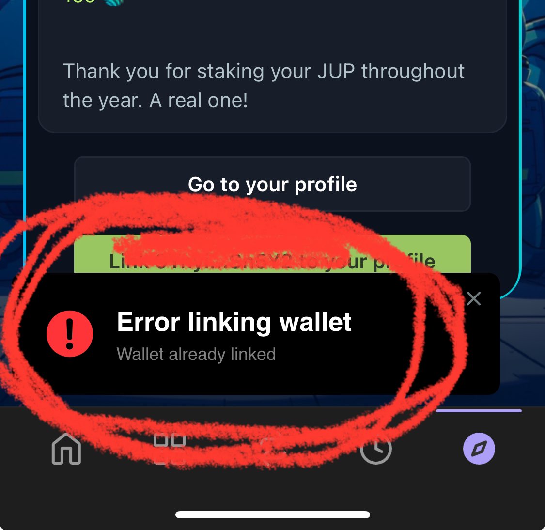 saankara's tweet photo. @JupiterExchange @Jupuary_help I am unable to claim my allocation.  Jupuary site has my wallet listed in the Unlinked Waller section.  But when I follow the steps to link it, I get an error saying its already linked.  Yet I have no claim button.  Please advise. https://t.co/s1RDjqTnwy