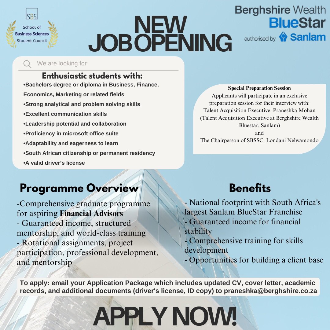 Hey SBS!😁
We are collaborating with Sanlam Berghshire Wealth for this Financial Advisor role. All applicants will undergo a preparatory meeting with our chairperson and the Sanlam Talent Acquisition executive to prepare for the interview. Please apply if you’re interested!🫶🏼