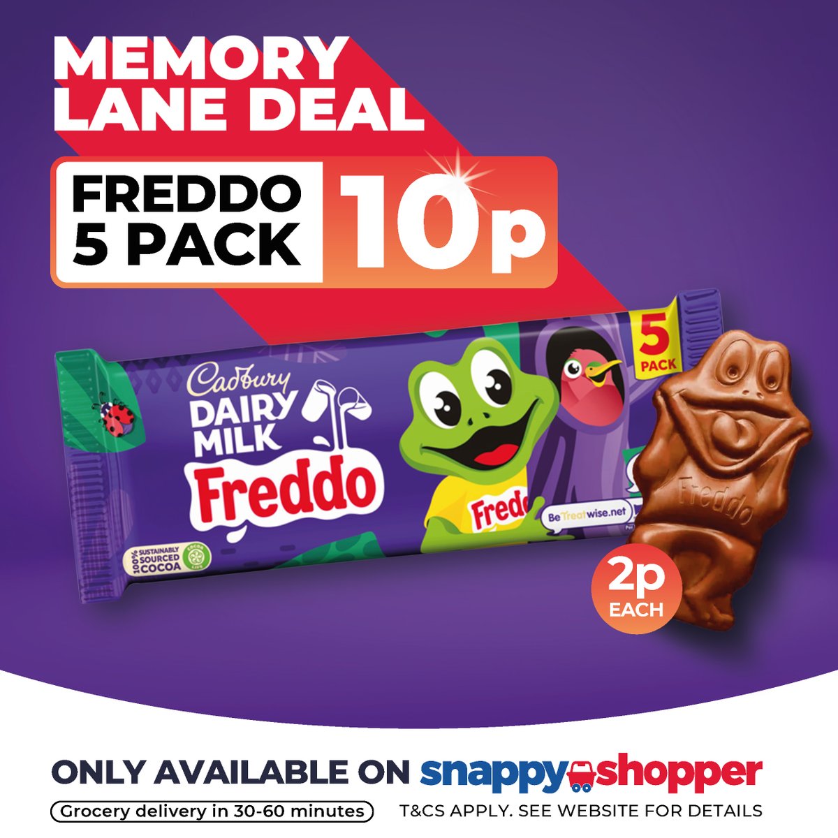 ⏰ Take a trip down memory lane with our EPIC Freddo deal ⏰
This week, we're rolling back the price of a Freddo 5-pack to only 10p!! 🍫
Don't miss out - delivered from our store to your door in 30-60 minutes! Available until 30th January 🛒
Order now: snappyshopper.co.uk