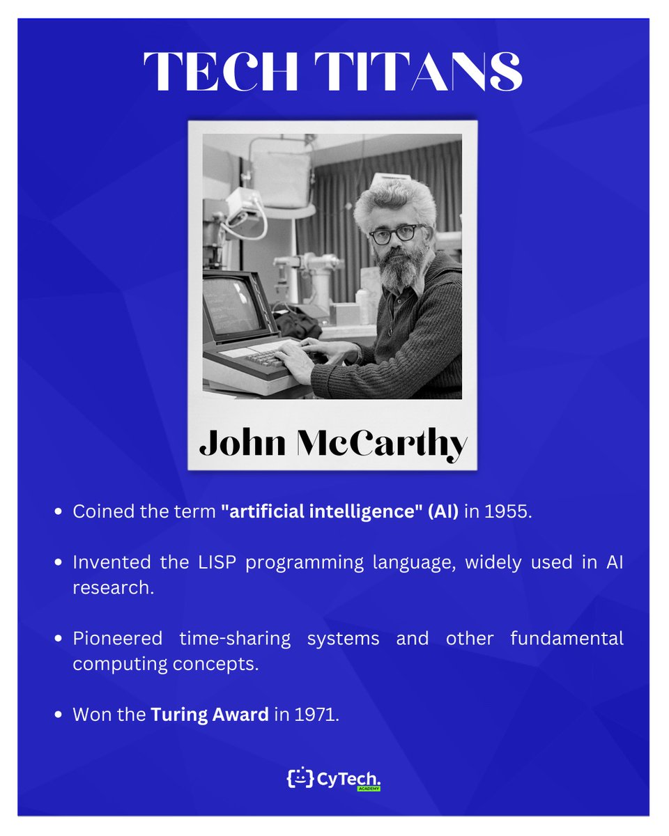 CytonnCollege's tweet photo. Tech Titans: Celebrating John McCarthy, the pioneer of AI and creator of LISP, who shaped the future of computing.

#TechTitans #JohnMcCarthy #ArtificialIntelligence #AI #LISP #ComputingLegend #Innovation #TechPioneers #CyTechAcademy https://t.co/JJLVnyDS31