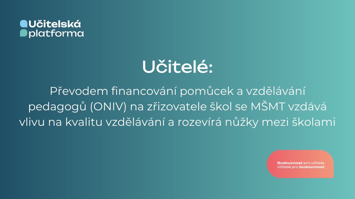 ❗️Od 1. září 2025 přechází na zřizovatele regionálních škol financování nepedagogických zaměstnanců škol a zřizovatelé budou nově hradit školám také náklady na pomůcky, povinné kurzy pro žáky (plavání) a vzdělávání pro učitele. Proti této změně <a href="/msmtcr/">MŠMT</a> se učitelé a ředitelé