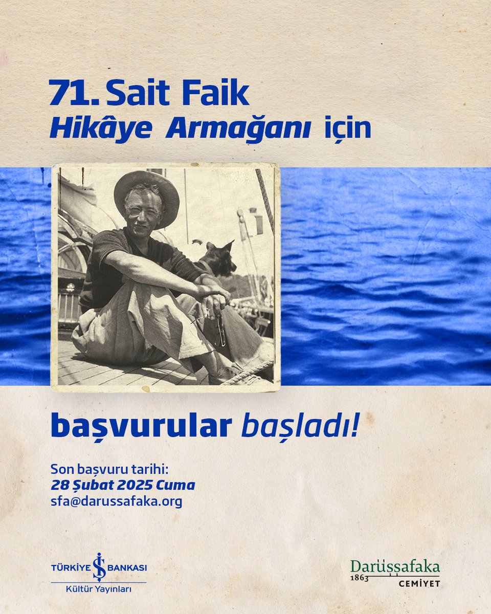 71. Sait Faik Hikâye Armağanı sahibini arıyor!

Değerli Yazarımız Sait Faik Abasıyanık anısına her yıl bir öykücüye verilen ve Türkiye İş Bankası Kültür Yayınları ile Darüşşafaka Cemiyeti iş birliğiyle düzenlenen 71. Sait Faik Abasıyanık Hikâye Armağanı’na başvurular başladı.