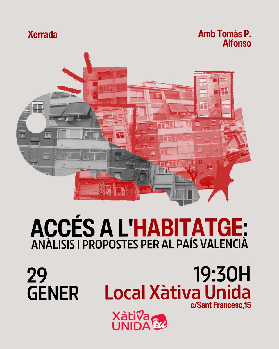 👉 XÀTIVA UNIDA ANALITZA LA CRISI DE L’HABITATGE I PROPOSA MESURES

✅ Apostem per l’habitatge al nucli antic i per això exigim a Mazón que complisca 
✅ En gener de 2023 la Generalitat adquirí cinc cases per a vivendes, encara no ha fet res.
🗓️Pròxim dimecres, 29 A les 19:30 h👇