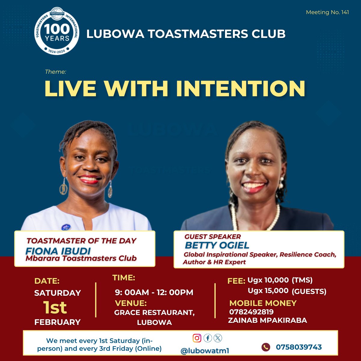 📣 LIVE WITH INTENTION 📣

Are you ready to level up🤩
Join Lubowa Toastmasters Club on 📅 Saturday 1st February,2025⏰ 9:00AM - 12: 00PM 📍Grace Restaurant Lubowa, and discover the power of living with purpose 👌✨

#livewithintention
See you there 😊