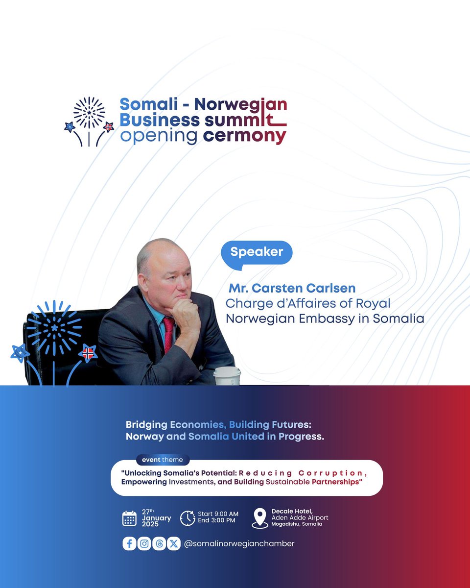 Snchamber1's tweet photo. Big Speaker Announcement: Mr. Carsten Carlsen
Representative, Norwegian Embassy in Mogadishu https://t.co/sO3S80XR3p