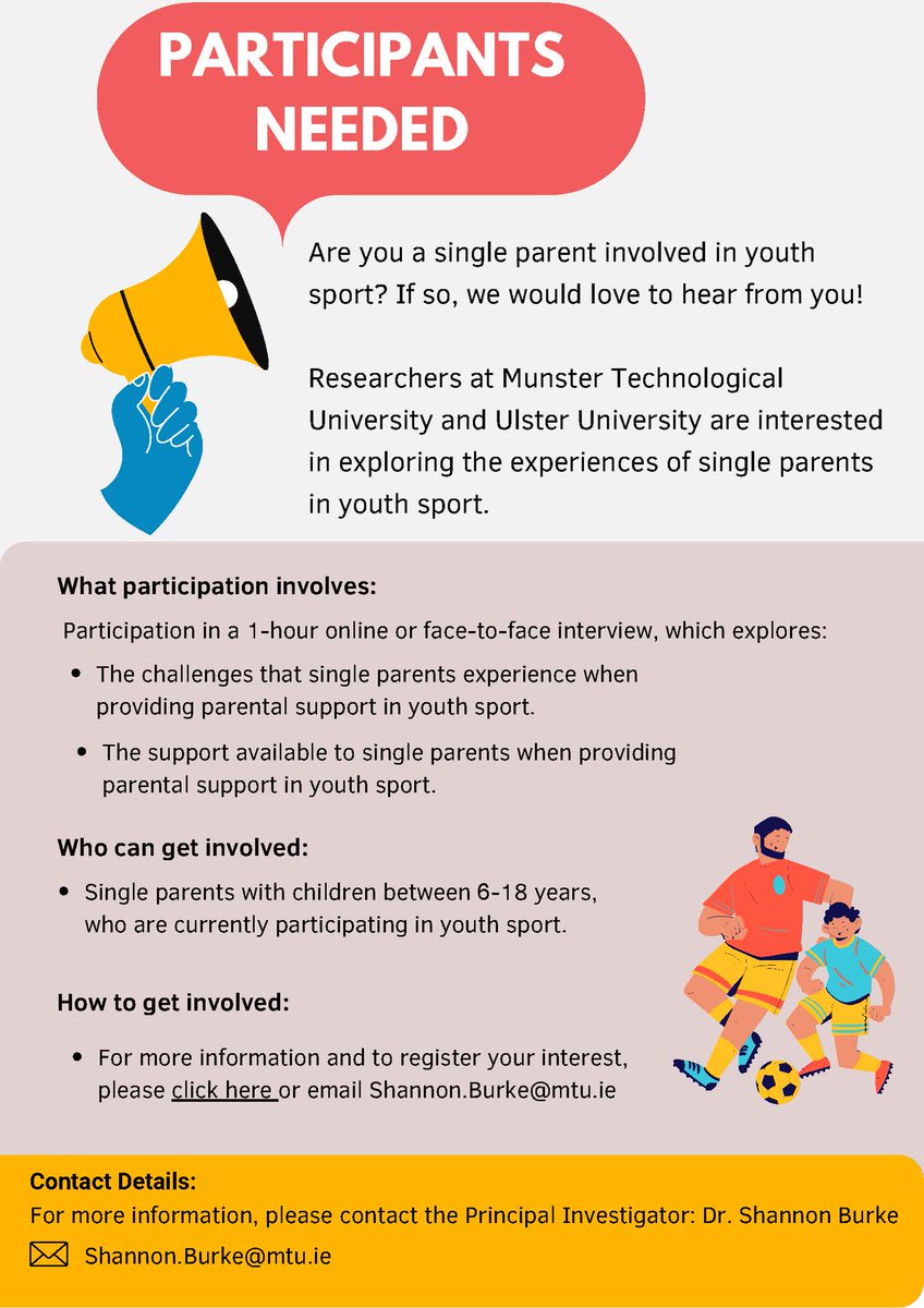 CALL FOR PARTICIPANTS!

We are recruiting single parents involved in youth sport to participate in a 1-hour interview, to explore the experiences of single parents in sport. 
For more information and to register your interest, please click here forms.office.com/e/1PTpGMC9B1