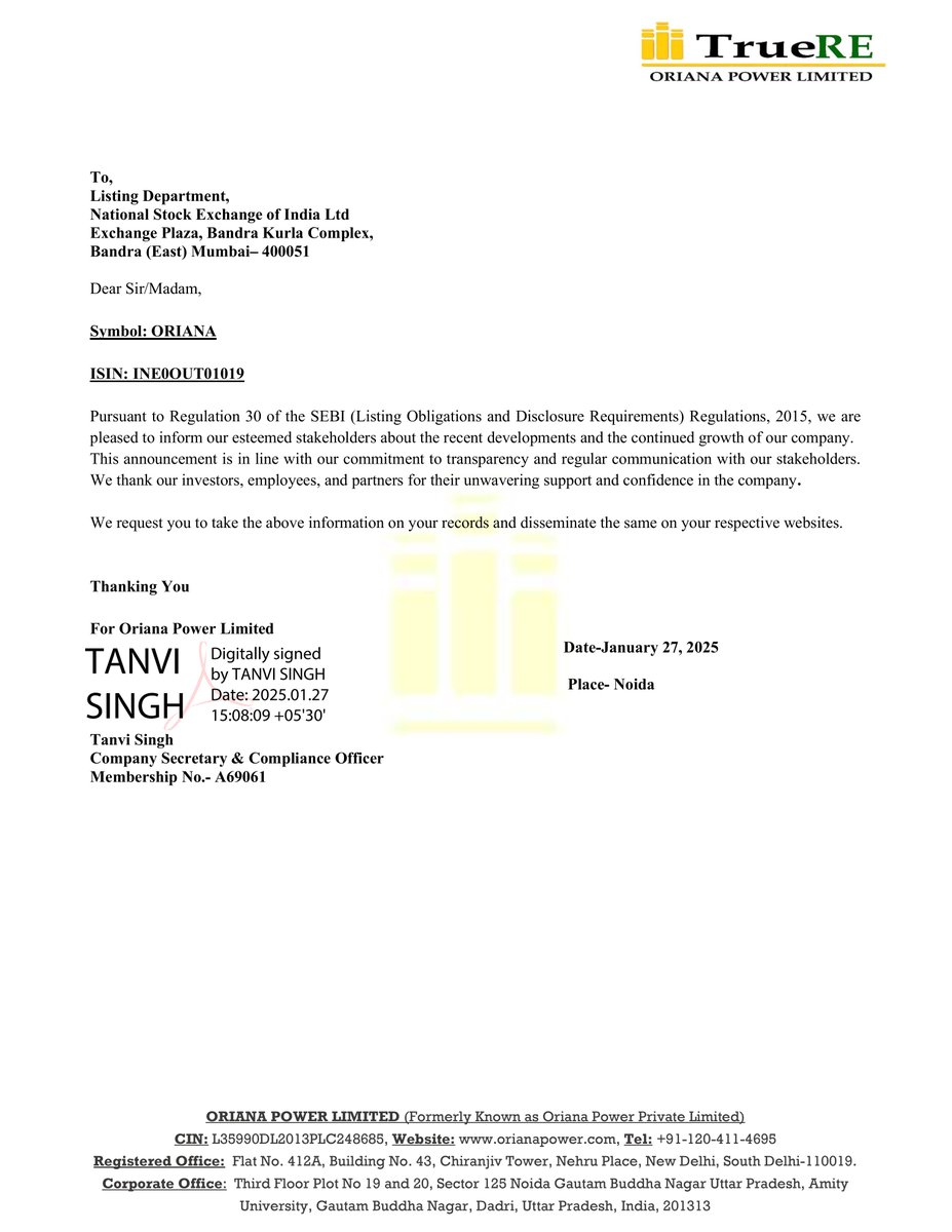 nileshkurhade's tweet photo. 📌 Oriana Power Ltd informed the exchange about its significant progress across multiple verticals,  securing 200 MW connectivity in Uttar Pradesh and 100 MW in Haryana, and a 50 MW/100 MWh BESS allocation in Rajasthan. The company is on track to achieve 1.5 GW connectivity by FY26 and has secured a 21 TPD CBG order, with a pipeline of 100 TPD. #SME #ORIANA 🚀🔋

Key Highlights:

- 🌞 Strong Year for FY24-25: Oriana Power Ltd anticipates significant growth with secured connectivity, expansion in key verticals like CBG, BESS, and hydrogen, and a strong foundation in solar energy. The company aims to achieve a 1 GW capacity by FY26.  
 
- ⚡ Secured Power Connectivity: Achieved connectivity for 200 MW in Uttar Pradesh and 100 MW in Haryana, targeting 1.5 GW by FY26. Land has been secured to support future project execution.  

- 💰 Revenue Targets: Revenue targets for FY25 & FY26 remain on track, supported by a strong project pipeline and the scaling of key business verticals.  

- 💧 Hydrogen Vertical: The hydrogen business is poised for growth with reduced Levelized Cost of Hydrogen (LCOH) due to lower power costs and supportive government policies. Ground-breaking for the electrolyzer factory is expected in Q1 FY26.  

- 🔋 BESS Progress: Secured 50 MW/100 MWh allocation in RVUNL's tender. BESS vertical benefits from rapid market growth and favorable government policies.  

- 🌱 CBG Vertical Expansion: Recent order of 21 TPD in CBG with a pipeline of 100 TPD demonstrates steady growth and scaling.  

- 🧪 E-Methanol Project: Feed study for the e-methanol project starts in April 2025, with groundbreaking in FY26 (H2). This marks diversification into innovative e-fuel solutions.  

- 🔒 Insulation from International Policies: Oriana operates independently from international market dependencies, mitigating risks from global policy changes.  

- 👷 Workforce Growth: Increased manpower from 104 in March 2024 to 175 as of now, with plans to reach 325 employees by FY26 to support growing operations.  

- 📜 Strategic MoUs: Signed multiple MoUs with rising states for streamlined business operations, regulatory approvals, and land acquisition. These partnerships will help expedite project execution.  

- 🚀 Future Growth: Oriana is well-positioned for long-term growth across solar, hydrogen, BESS, and CBG verticals, supported by a strong financial foundation and favorable policies.