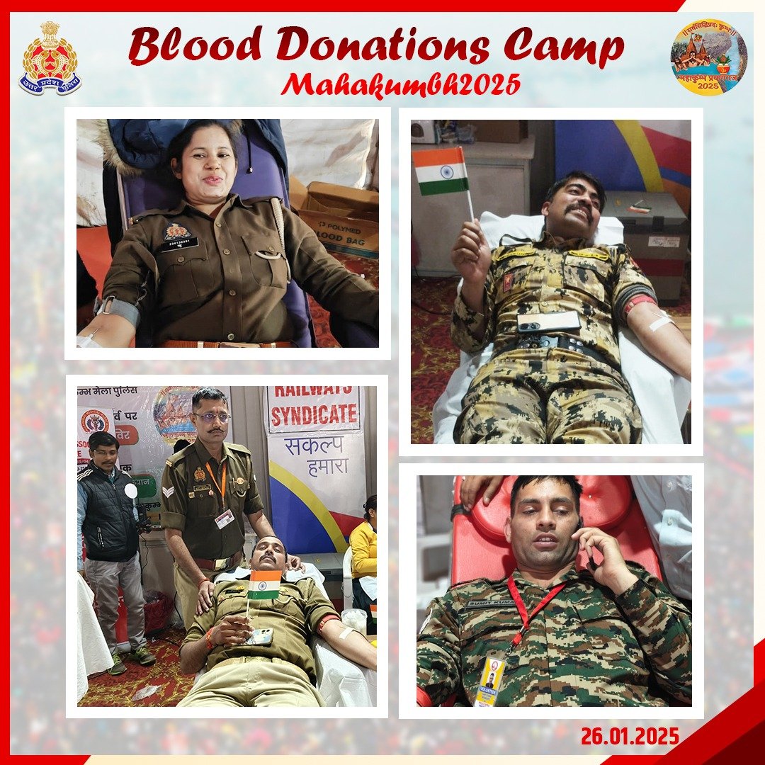 kumbhMelaPolUP's tweet photo. 76 वें गणतंत्र दिवस के अवसर पर कमिश्नरेट प्रयागराज पुलिस तथा कुम्भ मेला पुलिस के पुलिस मित्र द्वारा कुम्भ मेला पुलिस लाइन परेड के संकल्प प्रशिक्षण पंडाल में स्वैच्छिक रक्तदान शिविर का आयोजन किया गया । उक्त रक्तदान शिविर का एसएसपी महाकुम्भ, श्री राजेश द्विवेदी द्वारा दीप प्रज्वलित कर उद्घाटन किया गया, शिविर में कुल 218 रक्तदानियों, जिनमे पुलिस के अधिकारी/कर्मचारी, अर्धसैनिक बल, महिला, आमजनमानस एवं अन्य जनपदों मिर्जापुर, वाराणसी, सोनभद्र तथा हरियाणा से आये स्वैच्छिक रक्तदाता शामिल थे, के द्वारा रक्तदान किया गया।

#BloodDonation
#Mahakumbh2025